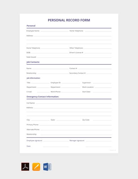 epersonal record form|personnel record template.